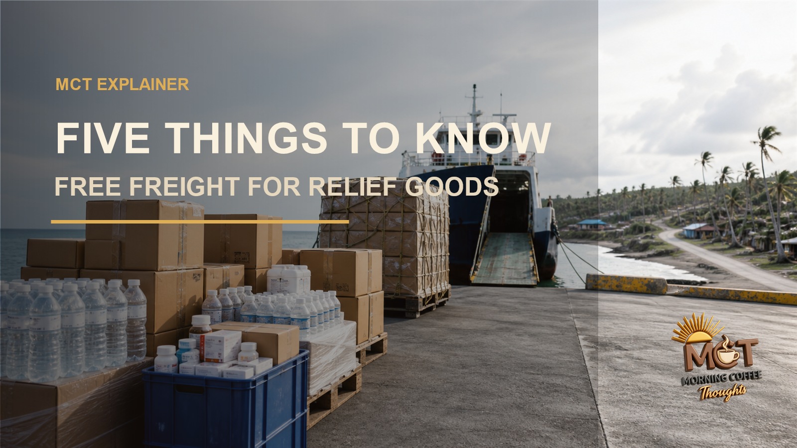 A conceptual editorial image of relief boxes moving through a freight and logistics network after a disaster. Not a documentary image.