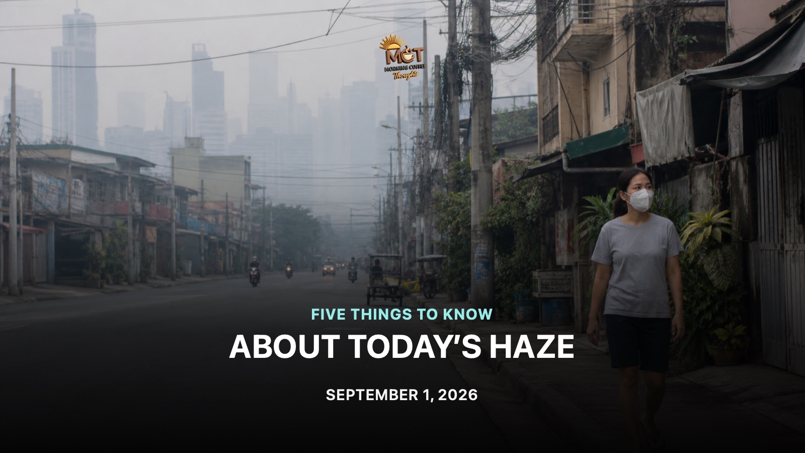 A conceptual editorial image of a masked pedestrian on a hazy Metro Manila street. Not a documentary image.