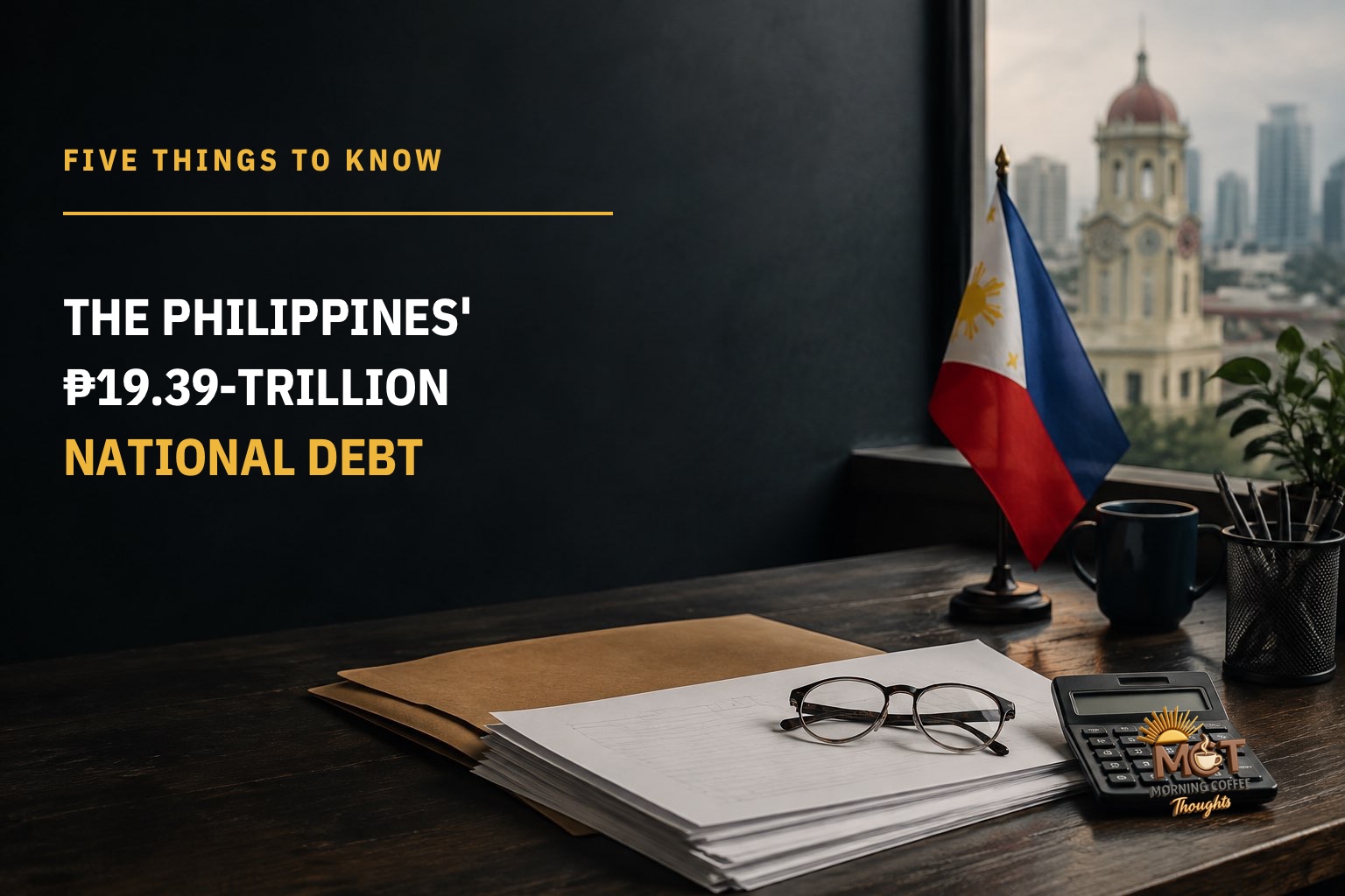 A Philippine flag beside budget papers, eyeglasses, and a calculator, representing the national government's ₱19.39-trillion debt.